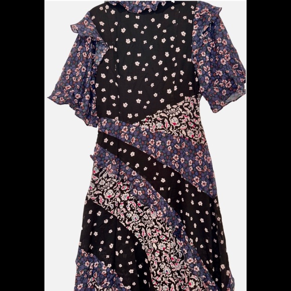 Joie Ambroise Dress Women's 14 Caviar Multi V-Neck Ruffle Trim Elbow Sleeve~ - Picture 5 of 8